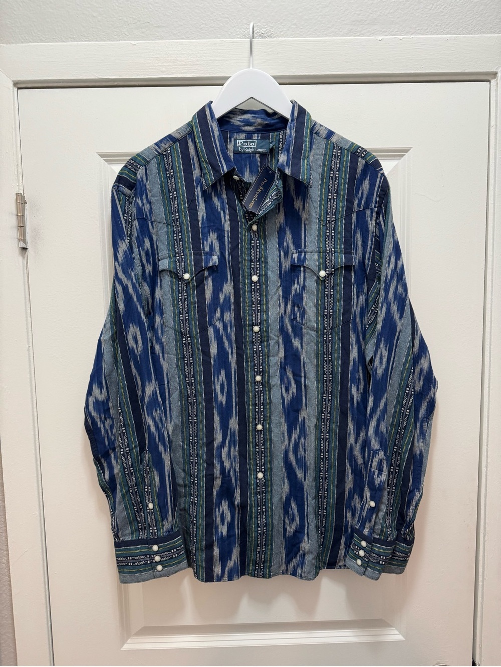 Vintage Polo Ralph Lauren Shirt Blue Western Navajo Aztec Pearl Snap Pocket